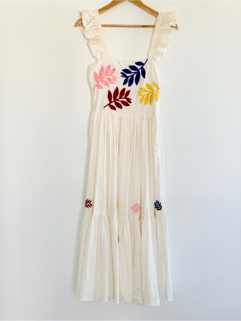 Carolina K Nika Embroidered Linen Ruffle Midi Dress Small $410